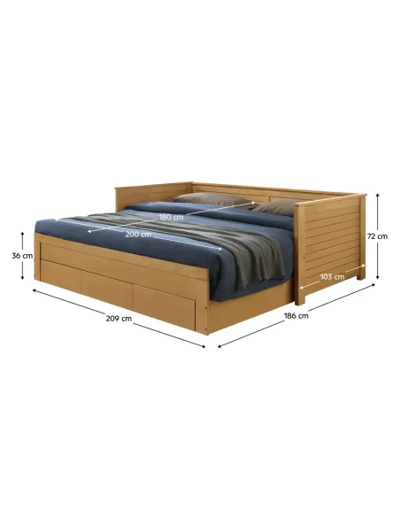Pat extensibil, GORETA, dormitor, 209x103x72 cm (extensibil 180x200 cm), Lemn masiv și MDF stejar | MobilaOK
