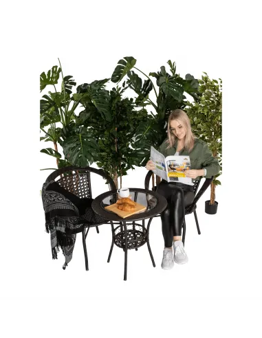 Set Grădină LASAN, terasă, masa Ø60 cm și fotolii 65x62x77 cm, ratan sintetic, oțel, sticlă | MobilaOK