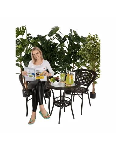 Set Grădină LASAN, terasă, masa Ø60 cm și fotolii 65x62x77 cm, ratan sintetic, oțel, sticlă | MobilaOK