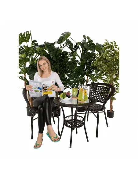 Set Grădină LASAN, terasă, masa Ø60 cm și fotolii 65x62x77 cm, ratan sintetic, oțel, sticlă | MobilaOK