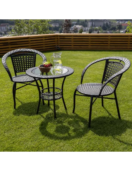 Set Grădină LASAN, terasă, masa Ø60 cm și fotolii 65x62x77 cm, ratan sintetic, oțel, sticlă | MobilaOK