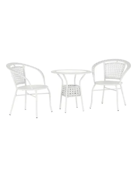 Set Grădină JENAR, 3 Piese (Masă 63x58 cm + 2 Fotolii), Ratan Sintetic, Alb | MobilaOK