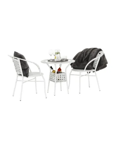Set Grădină JENAR, 3 Piese (Masă 63x58 cm + 2 Fotolii), Ratan Sintetic, Alb | MobilaOK