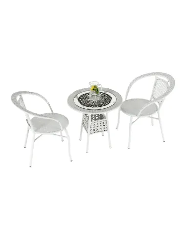 Set Grădină JENAR, 3 Piese (Masă 63x58 cm + 2 Fotolii), Ratan Sintetic, Alb | MobilaOK
