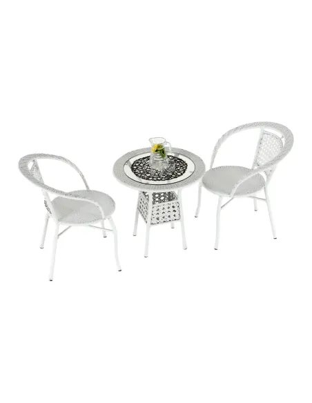 Set Grădină JENAR, 3 Piese (Masă 63x58 cm + 2 Fotolii), Ratan Sintetic, Alb | MobilaOK