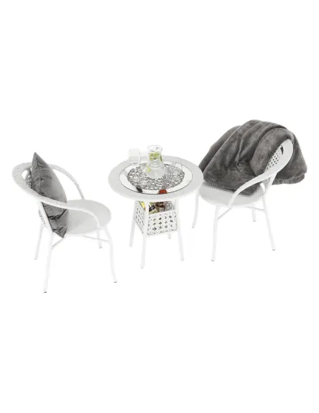 Set Grădină JENAR, 3 Piese (Masă 63x58 cm + 2 Fotolii), Ratan Sintetic, Alb | MobilaOK