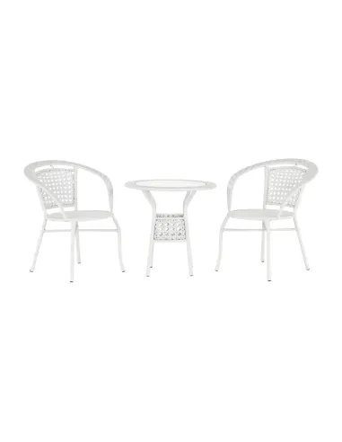 Set Grădină JENAR, 3 Piese (Masă 63x58 cm + 2 Fotolii), Ratan Sintetic, Alb | MobilaOK