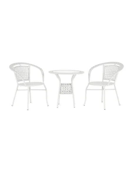 Set Grădină JENAR, 3 Piese (Masă 63x58 cm + 2 Fotolii), Ratan Sintetic, Alb | MobilaOK