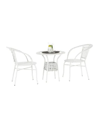 Set Grădină JENAR, 3 Piese (Masă 63x58 cm + 2 Fotolii), Ratan Sintetic, Alb | MobilaOK