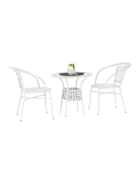 Set Grădină JENAR, 3 Piese (Masă 63x58 cm + 2 Fotolii), Ratan Sintetic, Alb | MobilaOK