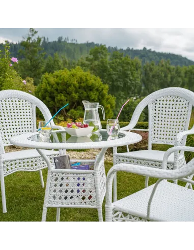 Set de Grădină KOVEN, terasă, Masă Ø80x72cm, Fotolii 64x69x92cm, Ratan Sintetic și Oțel | MobilaOK