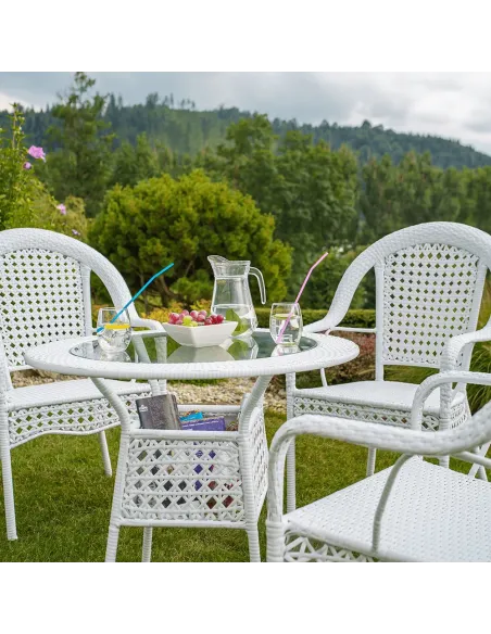 Set de Grădină KOVEN, terasă, Masă Ø80x72cm, Fotolii 64x69x92cm, Ratan Sintetic și Oțel | MobilaOK