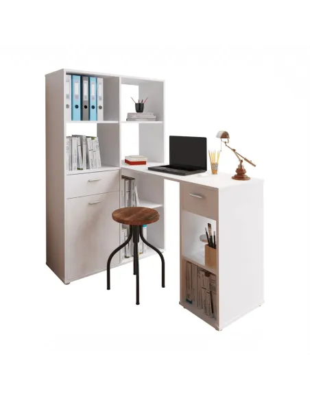 Masă PC MINESON, birou, 124x145x90 cm, PAL melaminat alb | MobilaOK