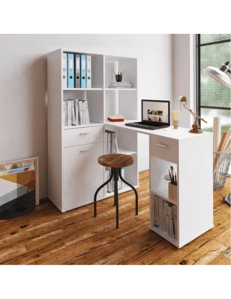 Masă PC MINESON, birou, 124x145x90 cm, PAL melaminat alb | MobilaOK