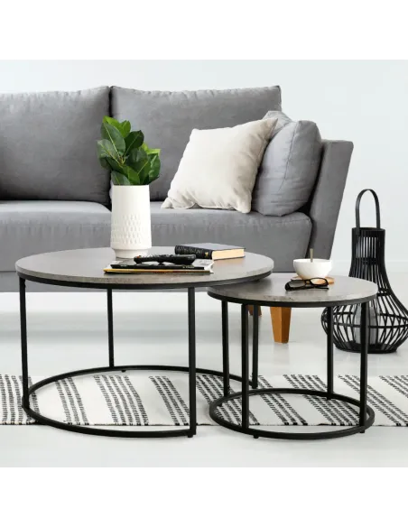 Set de 2 Mese Cafea, IKLIN, living, Ø80/50 cm, MDF și metal | MobilaOK