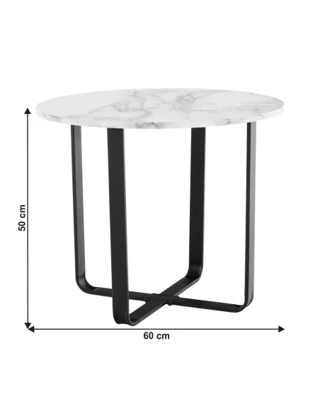 Măsuță de cafea SALINO living, Ø60x50cm, MDF marmură albă/metal negru | MobilaOK