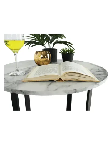 Măsuță de cafea SALINO living, Ø60x50cm, MDF marmură albă/metal negru | MobilaOK