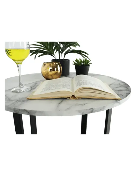 Măsuță de cafea SALINO living, Ø60x50cm, MDF marmură albă/metal negru | MobilaOK