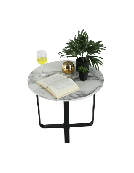 Măsuță de cafea SALINO living, Ø60x50cm, MDF marmură albă/metal negru | MobilaOK
