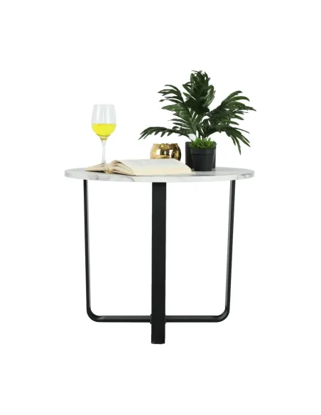 Măsuță de cafea SALINO living, Ø60x50cm, MDF marmură albă/metal negru | MobilaOK