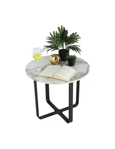 Măsuță de cafea SALINO living, Ø60x50cm, MDF marmură albă/metal negru | MobilaOK