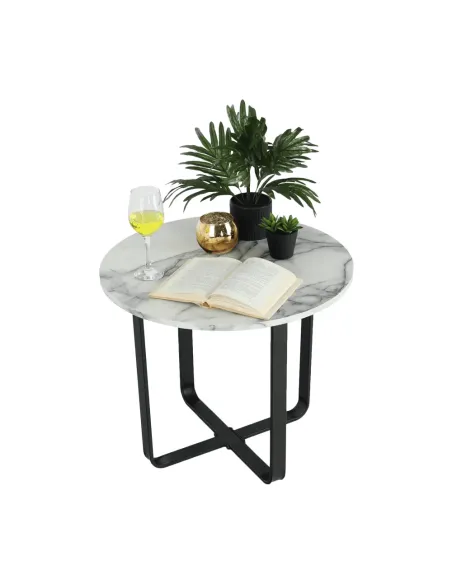 Măsuță de cafea SALINO living, Ø60x50cm, MDF marmură albă/metal negru | MobilaOK