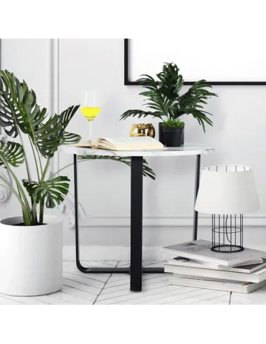 Măsuță de cafea SALINO living, Ø60x50cm, MDF marmură albă/metal negru | MobilaOK