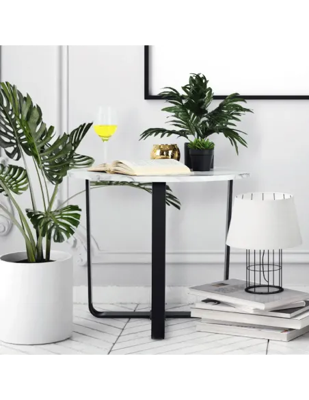 Măsuță de cafea SALINO living, Ø60x50cm, MDF marmură albă/metal negru | MobilaOK