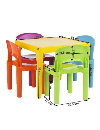Set pentru copii ZILBO, cameră copii, masă 51x51x46 cm și scaune 30,5x27x44 cm, plastic | MobilaOK