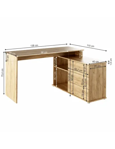 Birou PC TERINO, colț universal 138x110x75.4 cm, PAL melaminat stejar artisan | MobilaOK