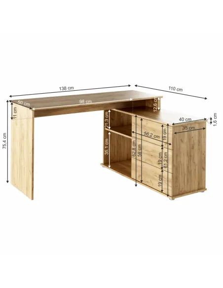 Birou PC TERINO, colț universal 138x110x75.4 cm, PAL melaminat stejar artisan | MobilaOK