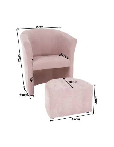 Fotoliu ROSE cu taburet, roz pudră, living/dormitor, 66x60x77 cm, textil | MobilaOK