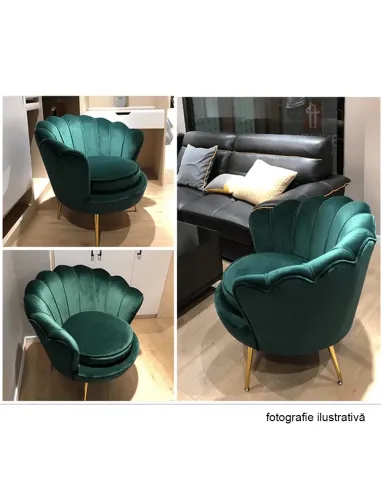 Fotoliu NOBLIN Art-deco, living/dormitor, 76x78x78 cm, catifea velvet smarald, picioare metal crom auriu | MobilaOK