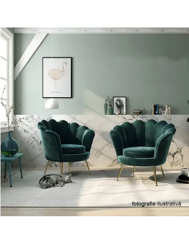 Fotoliu NOBLIN Art-deco, living/dormitor, 76x78x78 cm, catifea velvet smarald, picioare metal crom auriu | MobilaOK