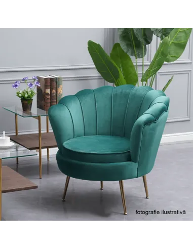 Fotoliu NOBLIN Art-deco, living/dormitor, 76x78x78 cm, catifea velvet smarald, picioare metal crom auriu | MobilaOK