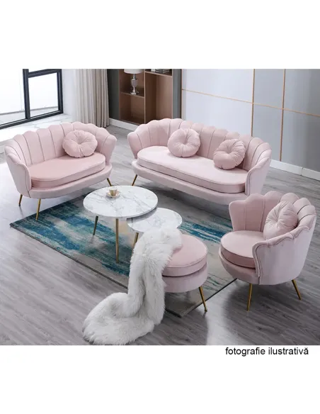 Bancă NOBLIN Art Deco, hol/dormitor, 135x75x78 cm, catifea roz/metal crom auriu | MobilaOK