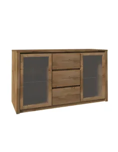 Comodă MONTANA K2D pentru dormitor/living, 2 uși sticlă, 3 sertare, PAL stejar lefkas închis | MobilaOK