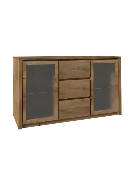Comodă MONTANA K2D pentru dormitor/living, 2 uși sticlă, 3 sertare, PAL stejar lefkas închis | MobilaOK