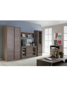 Comodă MONTANA K2D pentru dormitor/living, 2 uși sticlă, 3 sertare, PAL stejar lefkas închis | MobilaOK 2