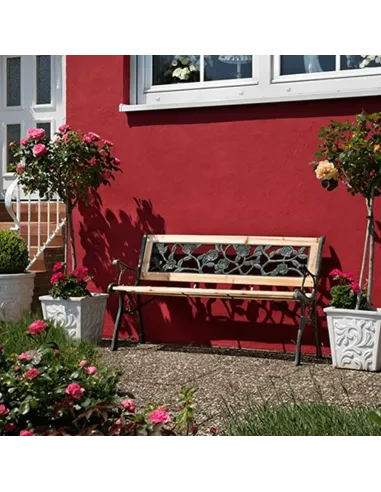 Bancă de grădină FAIZA, exterior, 126x52x73 cm, Oțel/Plastic/Lemn | MobilaOK