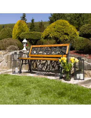 Bancă de grădină FAIZA, exterior, 126x52x73 cm, Oțel/Plastic/Lemn | MobilaOK