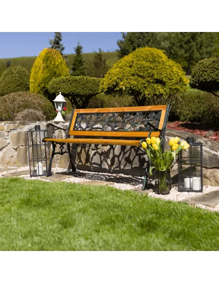 Bancă de grădină FAIZA, exterior, 126x52x73 cm, Oțel/Plastic/Lemn | MobilaOK