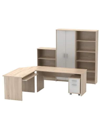 Ansamblu de birou JOHAN 2 NEW, home office, 150x67.5x73.5 cm, PAL melaminat stejar sonoma/alb | MobilaOK