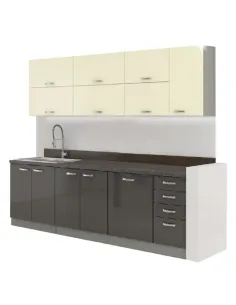Ansamblu Bucătărie PRADO, gri/crem, extra lucios, 2.6 m, PAL melaminat | MobilaOK