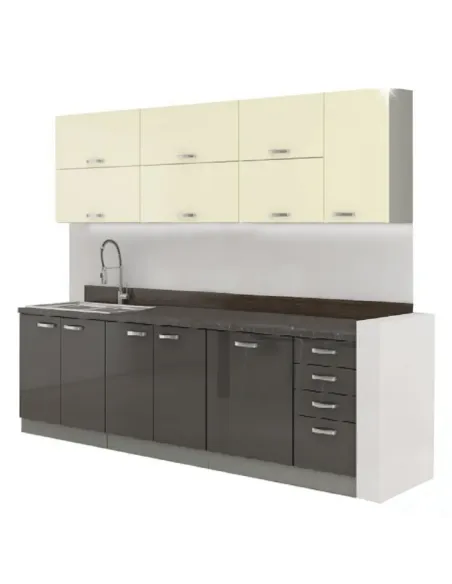 Ansamblu Bucătărie PRADO, gri/crem, extra lucios, 2.6 m, PAL melaminat | MobilaOK