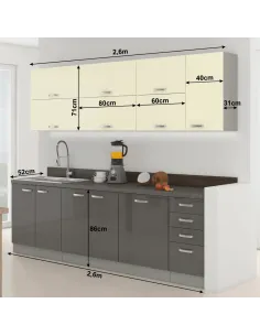 Ansamblu Bucătărie PRADO, gri/crem, extra lucios, 2.6 m, PAL melaminat | MobilaOK 2