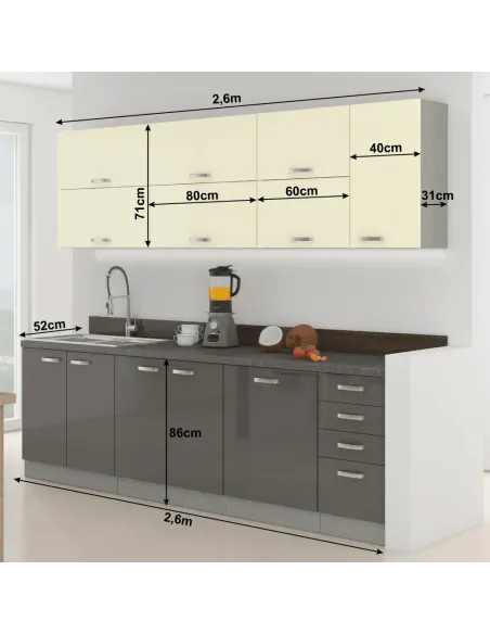 Ansamblu Bucătărie PRADO, gri/crem, extra lucios, 2.6 m, PAL melaminat | MobilaOK
