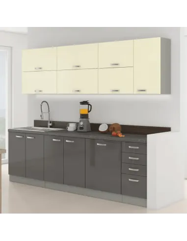 Ansamblu Bucătărie PRADO, gri/crem, extra lucios, 2.6 m, PAL melaminat | MobilaOK
