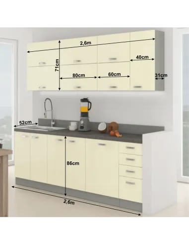 Ansamblu Bucătărie PRADO, crem lucios/gri, 2.6 m, PAL melaminat | MobilaOK