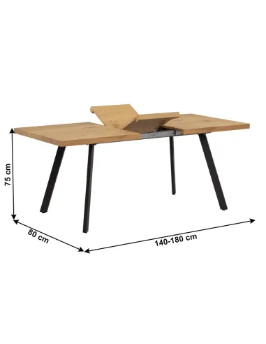 Masă de dining AKAIKO, pliabilă, living/bucătărie, 140-180x80 cm, MDF stejar/metal | MobilaOK